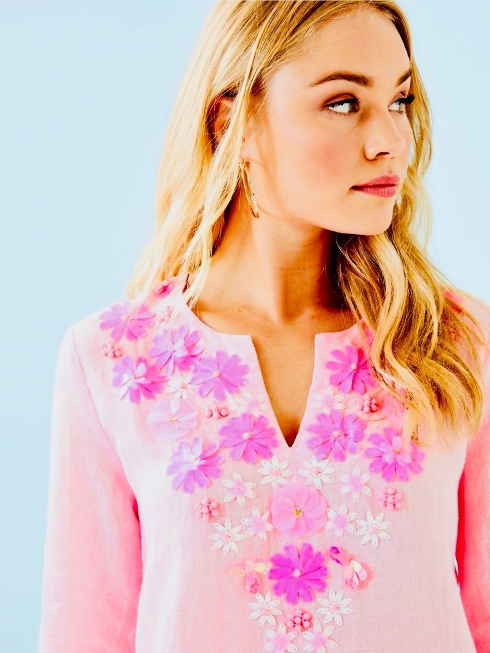 Lilly Pulitzer Linen Pink Floral V-Neck Embroidered Beaded Tunic